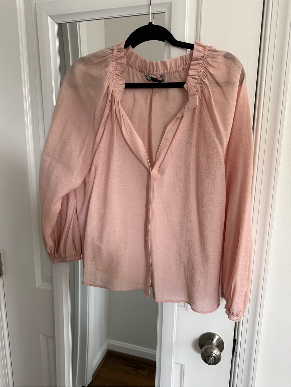Zara Light Pink Button-Front Peasant Blouse